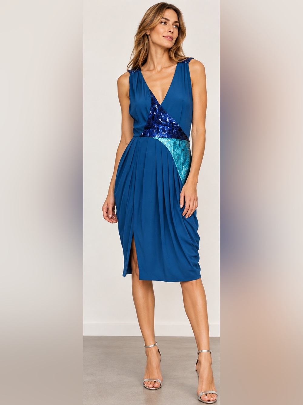 Vintage Christian Dior Blue Sequin Midi cocktail Dress Like New, 4